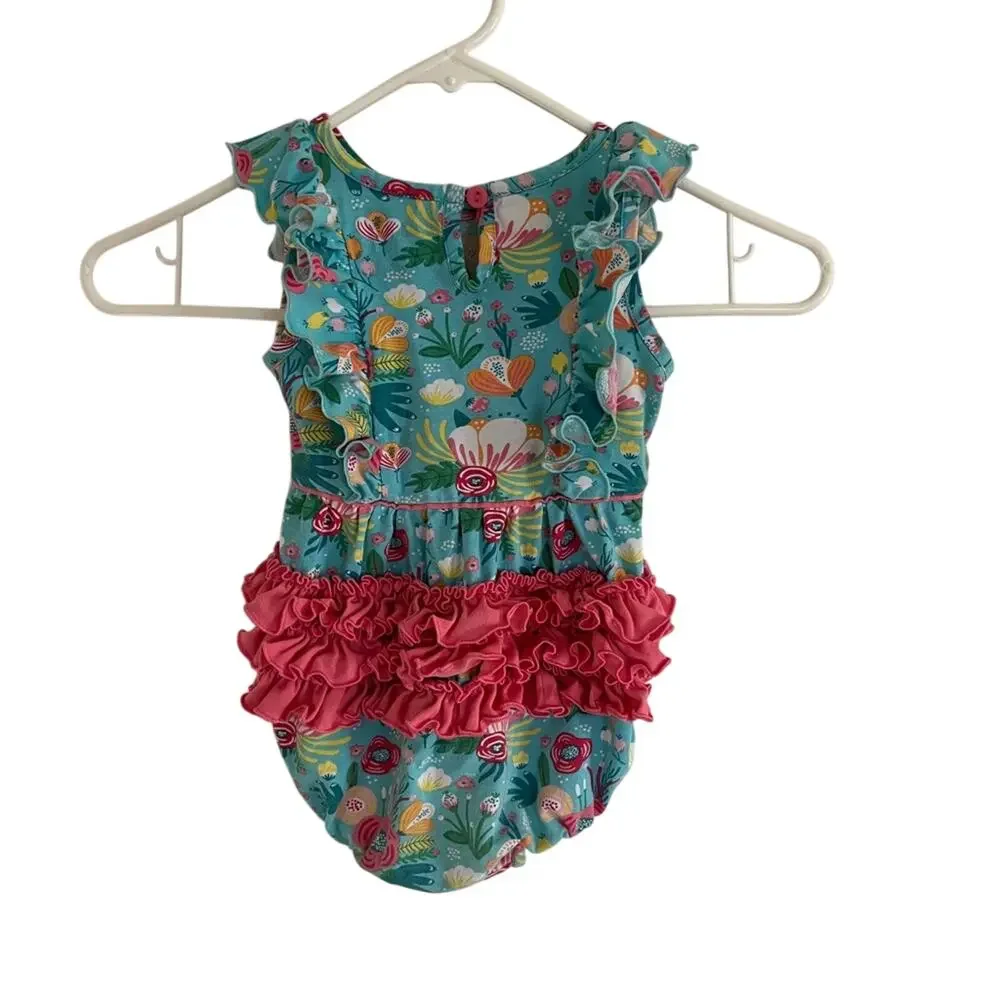 Ruffle Butt Girls Teal Floral Ruffle Romper 12-18mo